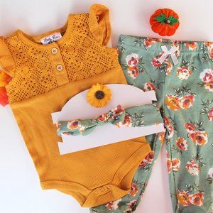 NWT Little Lass 6-9m Mustard Teal Floral Outfit